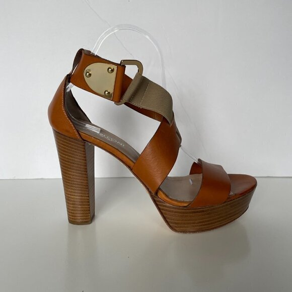 NAPOLEONI Heeled Sandals Strappy Pull On Open Toe Leather Brown Tan 9 - Picture 3 of 9
